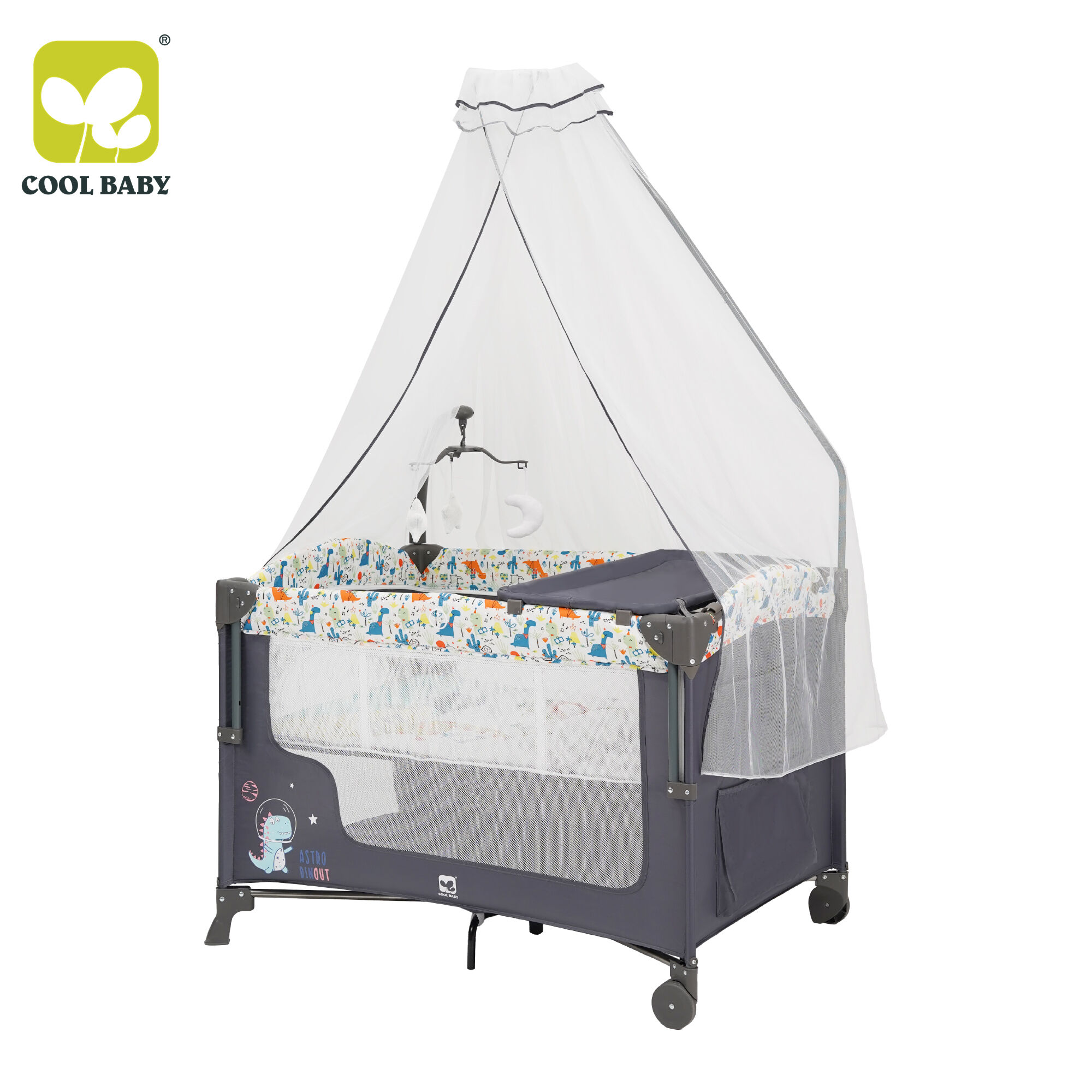 KDD06 Cool Baby Cute Dinosaur Printing Baby Playpen Foldable Baby Playard With High-pole Mosquito
