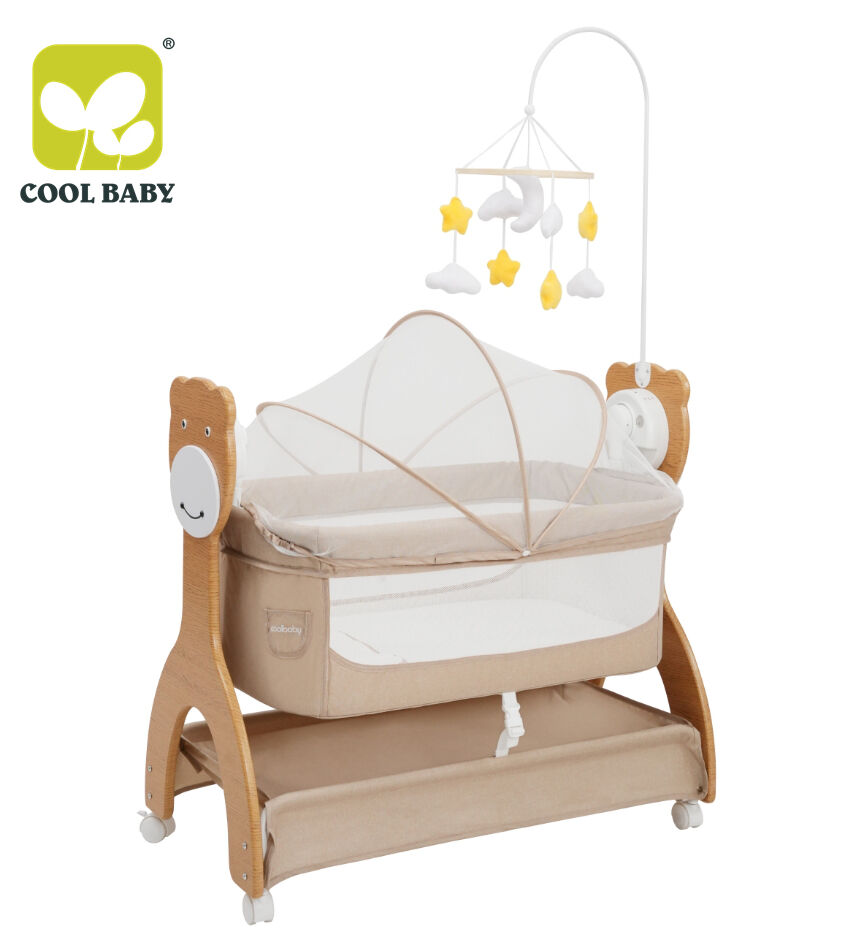 Electric Baby Crib with Bear Printing & 3-Speed Rocking