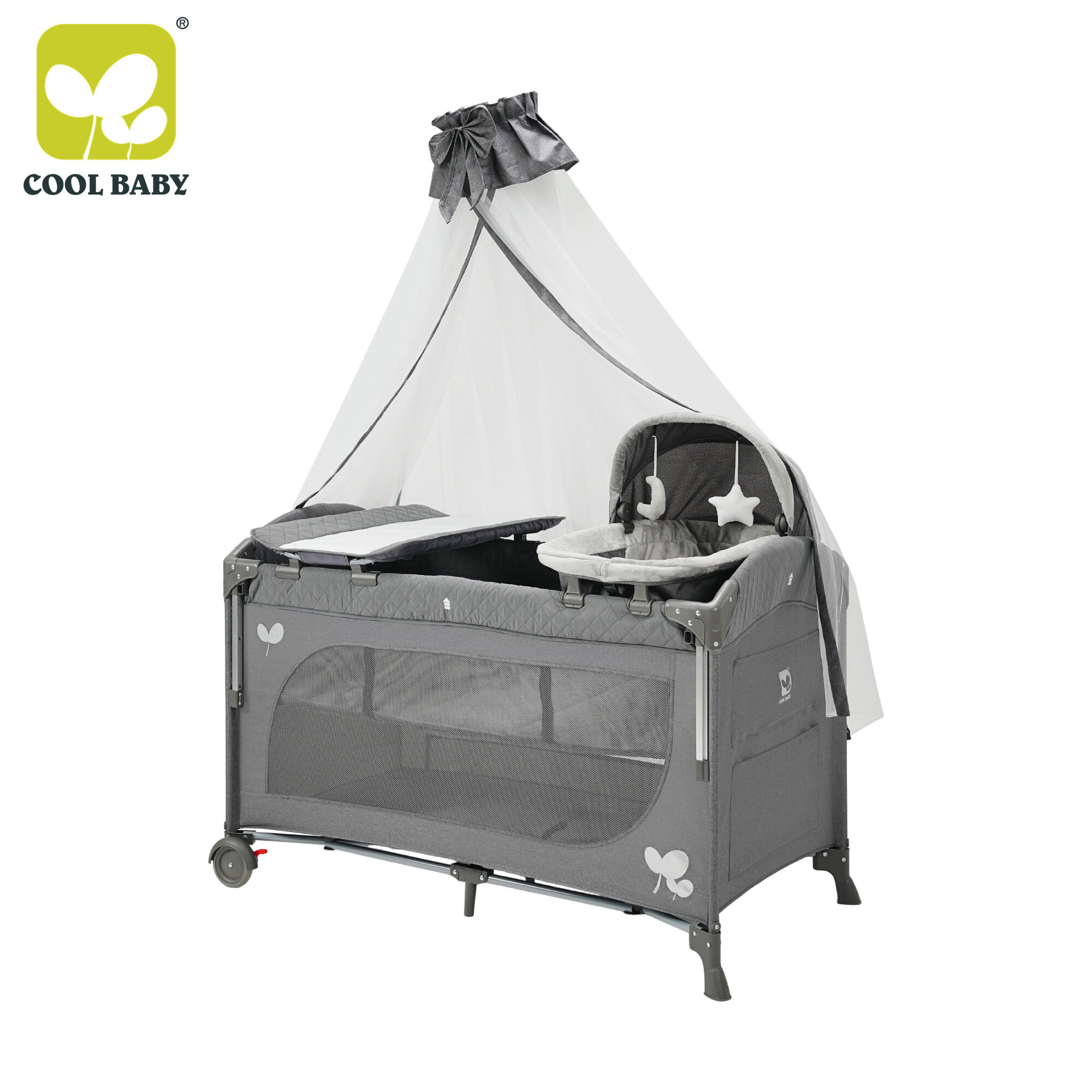 เตียงท่องเที่ยวสำหรับเด็กพับง่ายคุณภาพสูงรุ่น KDD11 Cool Baby กรงเด็กเล่นพร้อมดีไซน์ทันสมัยและมุ้งกันยุงแบบเสาสูง