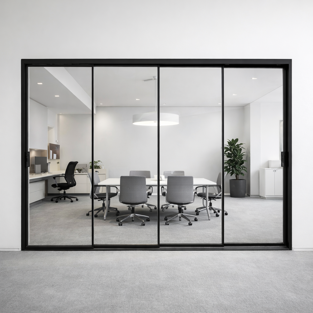 Porte coulissante en verre à cadre mince à plusieurs panneaux en aluminium