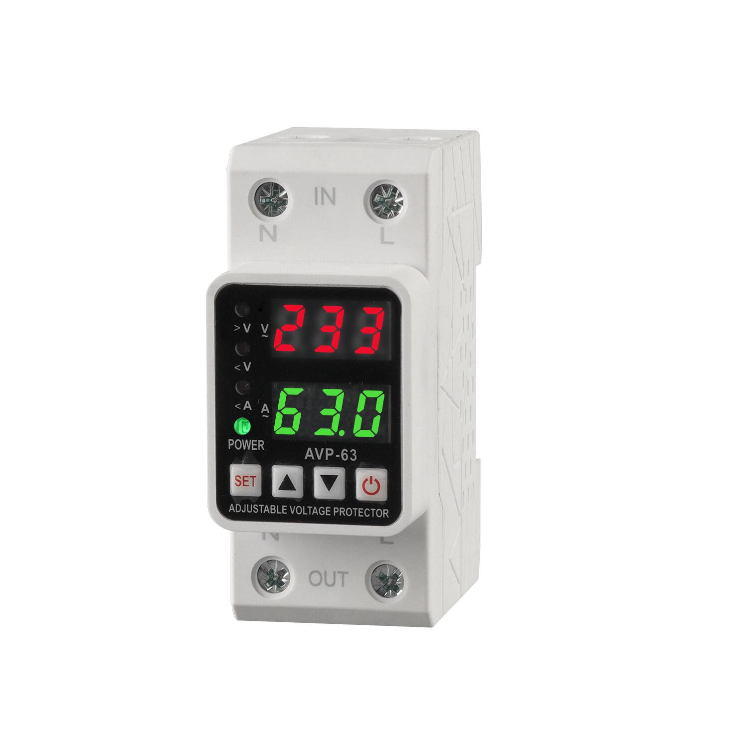 AC 220V Single Phase DIN Rail LED Display Short Circuit and Over/Under Voltage Protector Made of PC Material