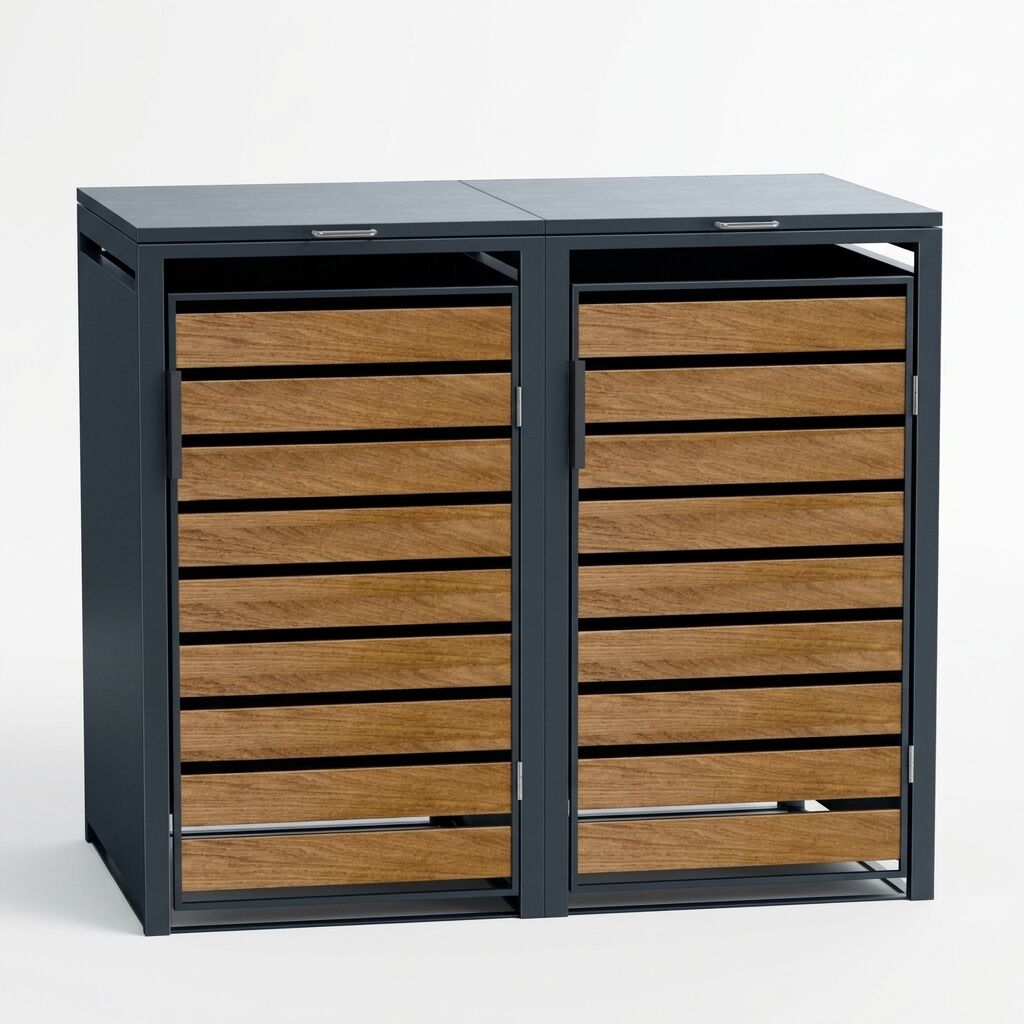 Outdoor Waste Bin Box — Double Bin, Wood Effect Steel Doors