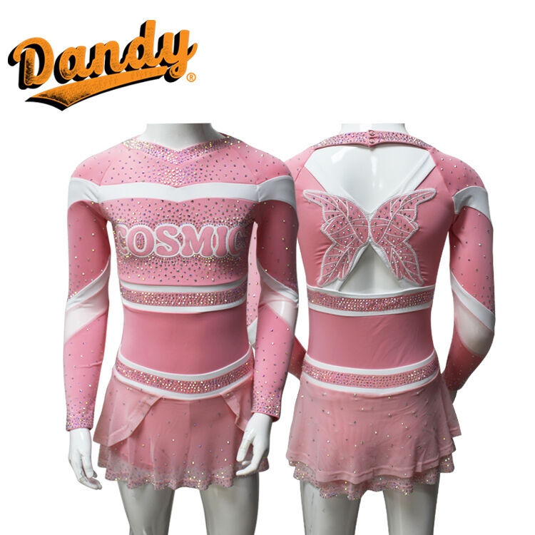 Elegant Long Sleeve Cheerleading Uniforms Custom Cheer Uniforms Sublimated Designs Rhinestone Uniforme Cheerleading
