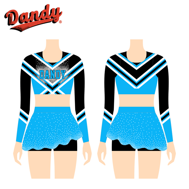 Skräddarsydd cheerleadingdräkt – flickors ärmfri V-hals-tröja och kjol med veck, i spandex, lycra, mystique, tillgänglig i barn- och vuxenstorlekar