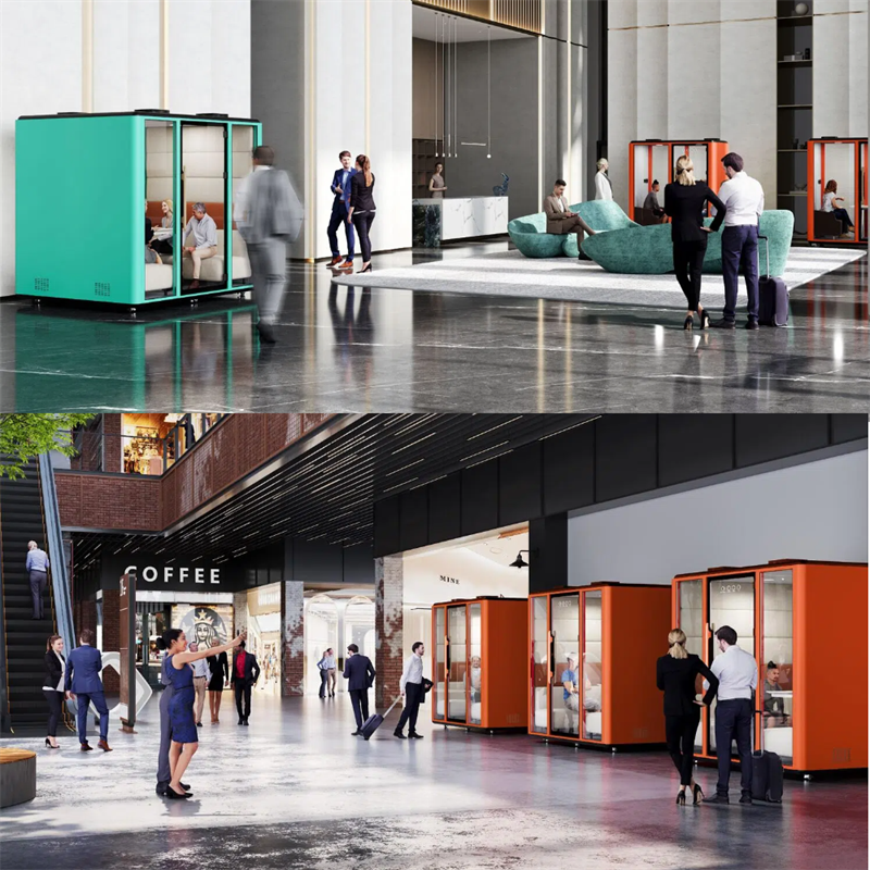 Modern soundproof kiosk with aluminum frame and movable meeting cabin