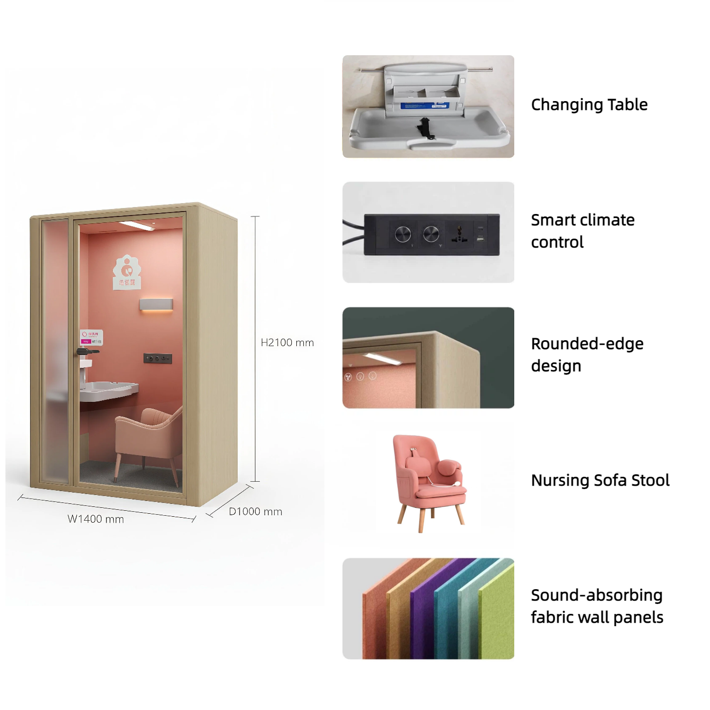 Nursing pod interior with baby changing table, comfortable seat, charging ports, and ventilation – Cleader.png