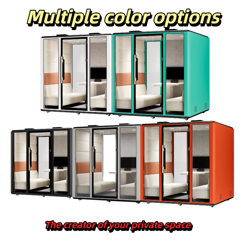 Modern soundproof kiosk with aluminum frame and movable meeting cabin