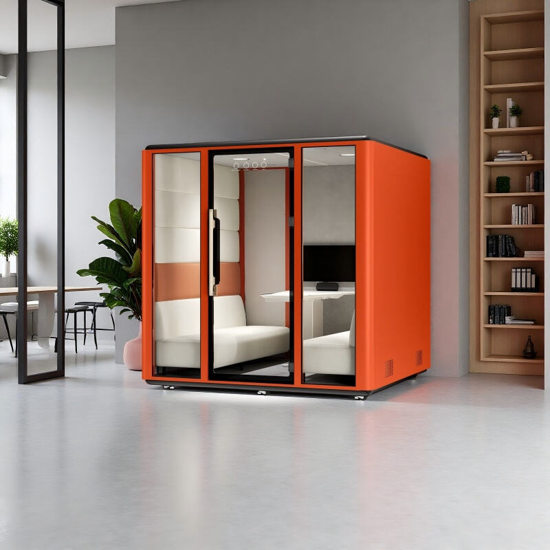 Modern soundproof kiosk with aluminum frame and movable meeting cabin