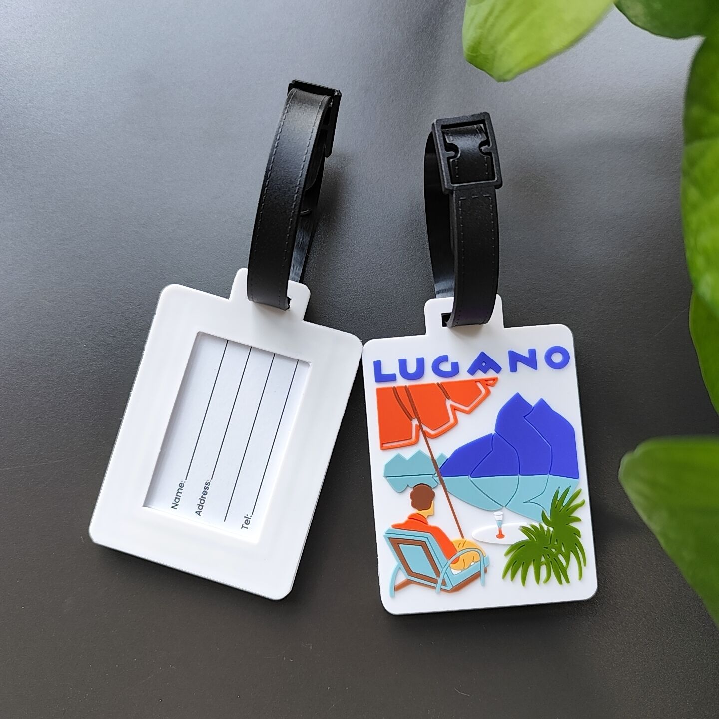 Etichetta bagagli in silicone nero e bianco con arcobaleno per viaggio, appendi etichetta zaino con nome