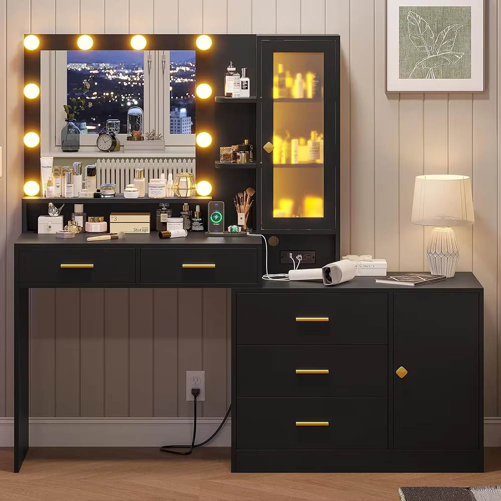 Bedroom Modern Wood MDF Makeup Table with Lights Standing Mirror Removable Features Vanity Desk Includes Storage for Makeup