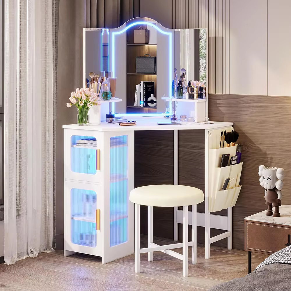 Modern Corner White Vanity Desk with LED Lighted Mirror LED Lights Makeup Table & Charging Station Storage Feature for Bedroom