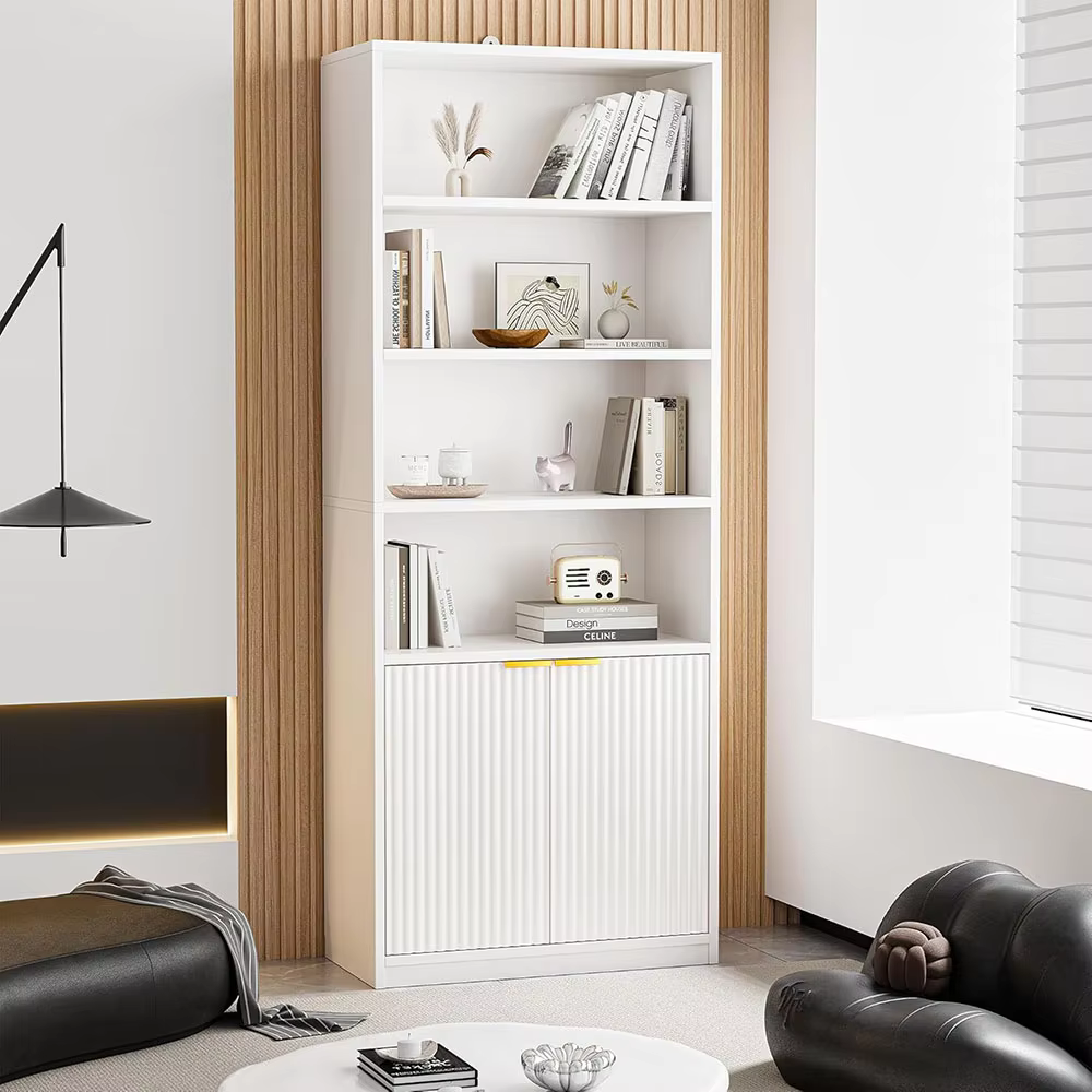 Modern White 6-Tier Wooden Bookcase with Cabinet Doors Home Furniture for Living Room Bedroom and Home Office Bookshelves