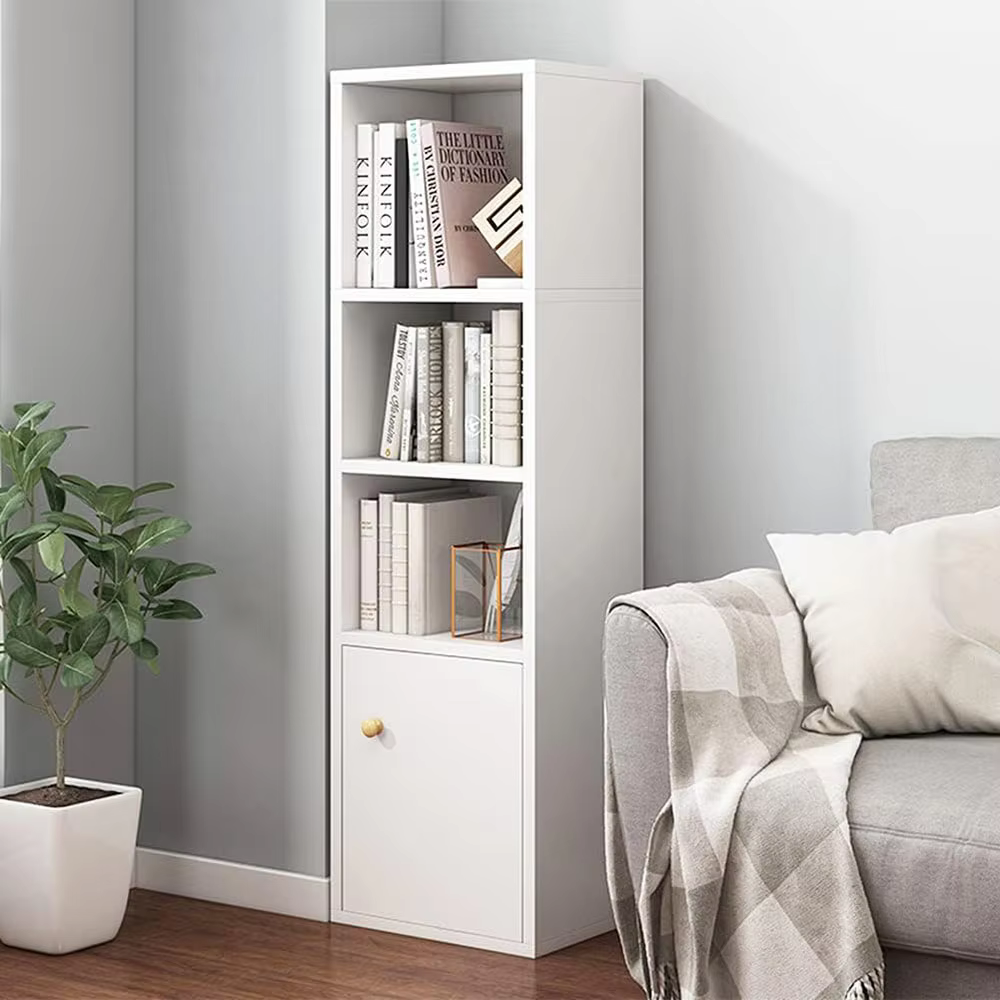 Modern White Storage Cabinet for Home Office & Living Room 4 Open Shelves with Lattices & Door Cubes Bookshelf Tower Rack