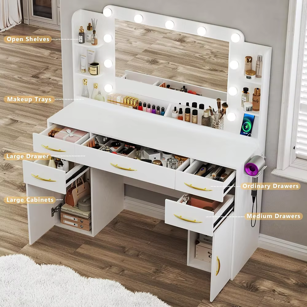 Bedroom Wood Large Makeup Vanity Desk with 5 Drawers 2 Cabinets and Shelves 3 Models Lights and Power Outlet
