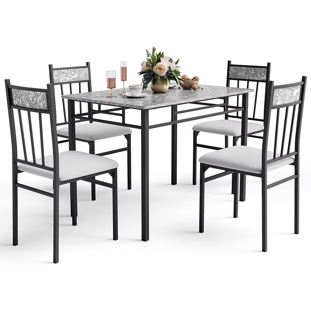 5-Piece Vintage Rectangular Dining Room Table Set 4 Faux Marble Kitchen Table Chairs Cushion Padded Seats Metal Wood Furniture details