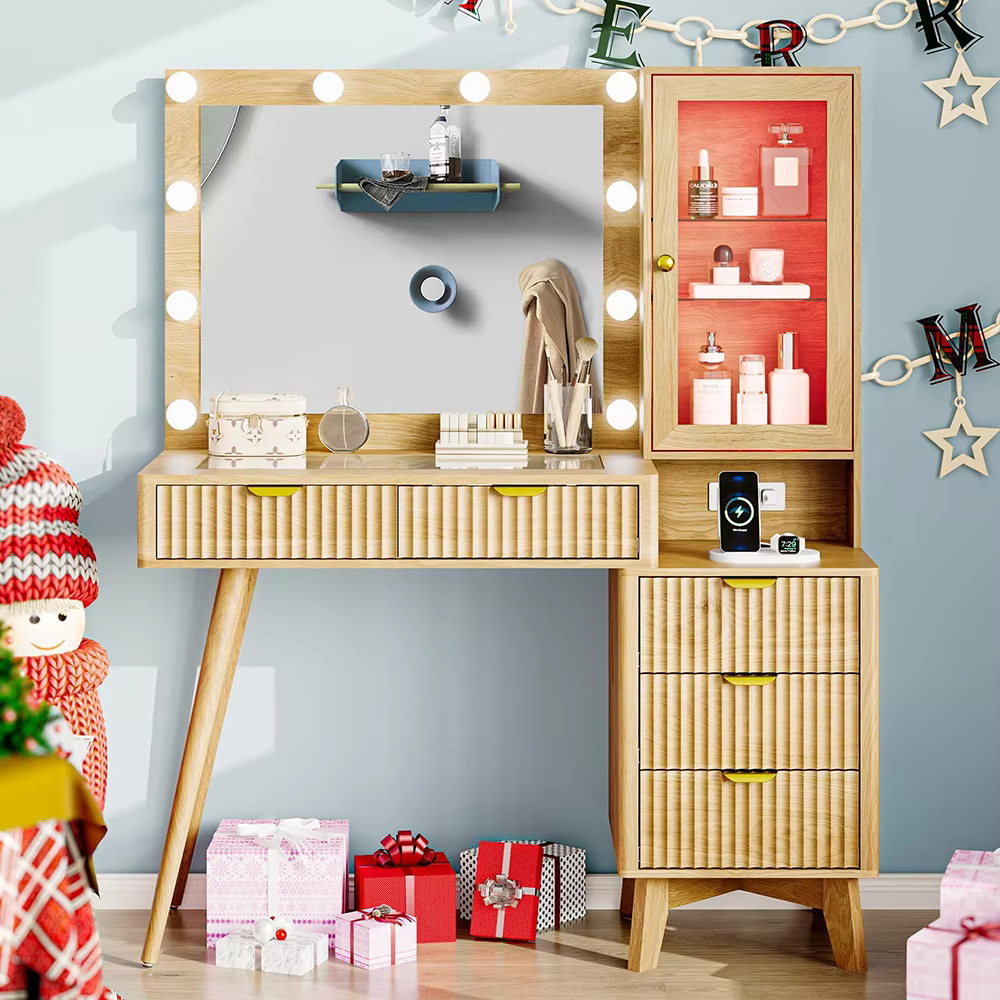 Modern Makeup Vanity Desk with Mirror Lights & 5 Drawers Panel Wood Style for Bedroom