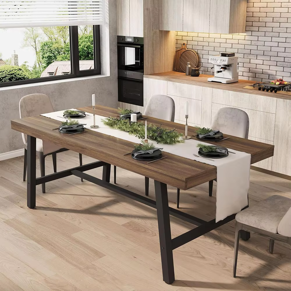Modern Dining Table for 6-8 People 70.87 in Long Wooden Dining Room Furniture with Sturdy Metal Frame & Rustic Brown