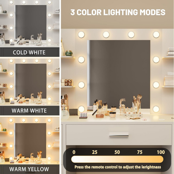 거울과 조명이 있는 메이크업 테이블에 적합한 조명 밝기는 얼마인가요?