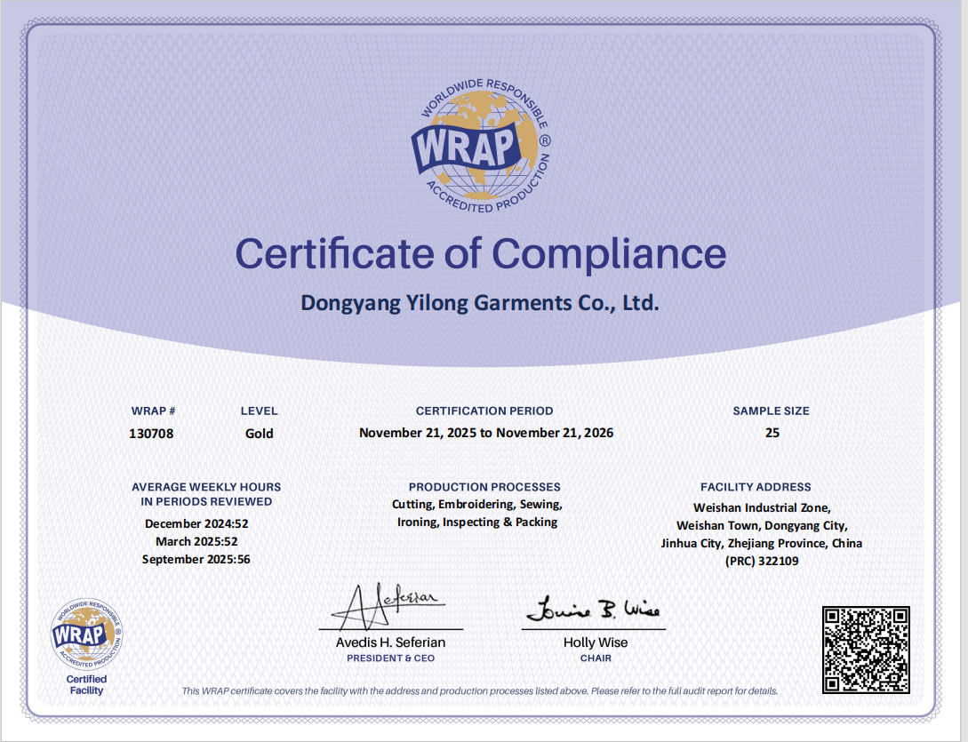 Dobrá zpráva! Oblečení značky Yilong úspěšně získalo mezinárodní certifikaci WRAP