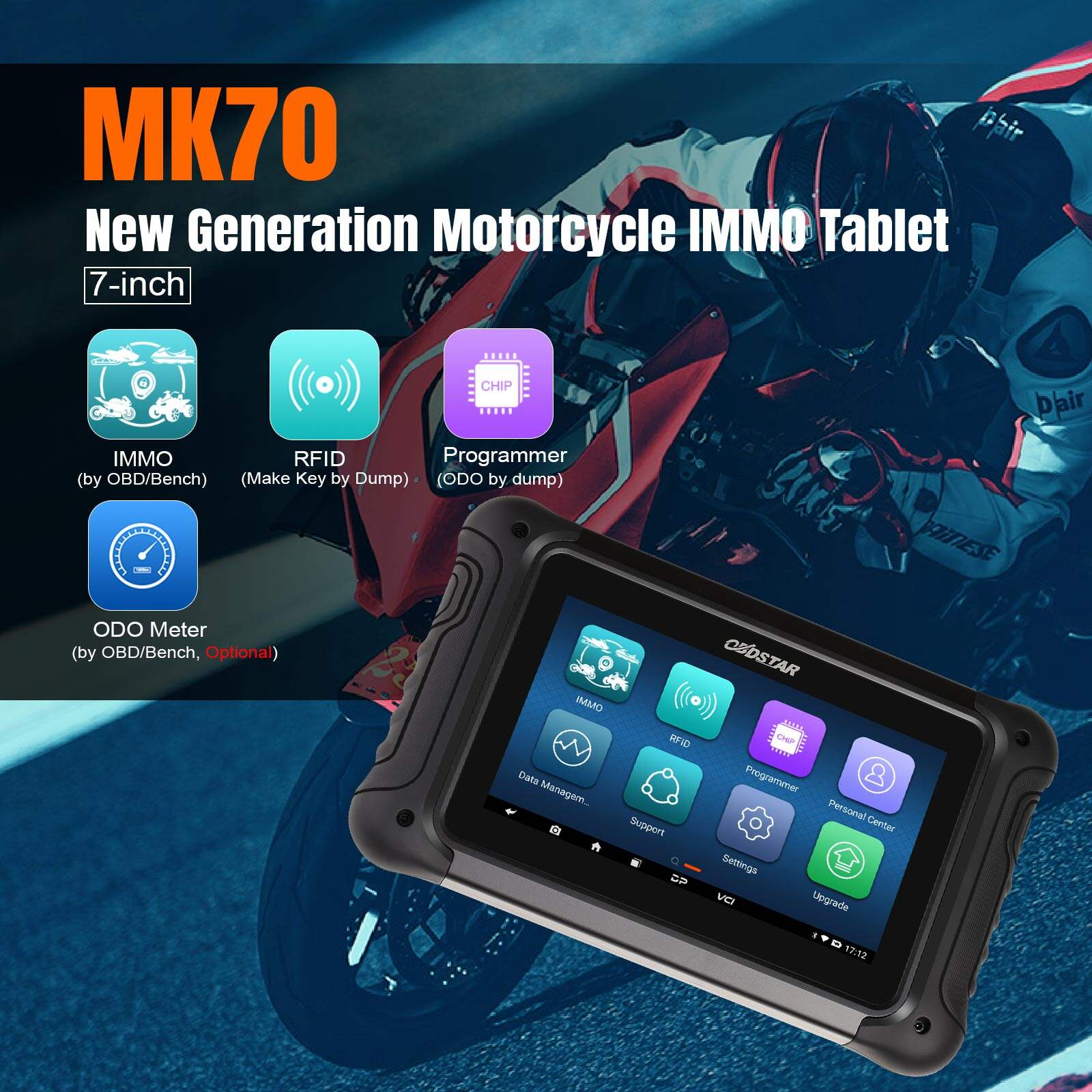 Programador de llaves para motocicletas y herramienta de corrección del kilometraje OBDSTAR MK70 (todas las llaves perdidas / multilingüe)