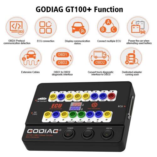 Caja de derivación OBD II GODIAG GT100+ (GT100 Pro) y conector de banco para UCE con indicador de corriente