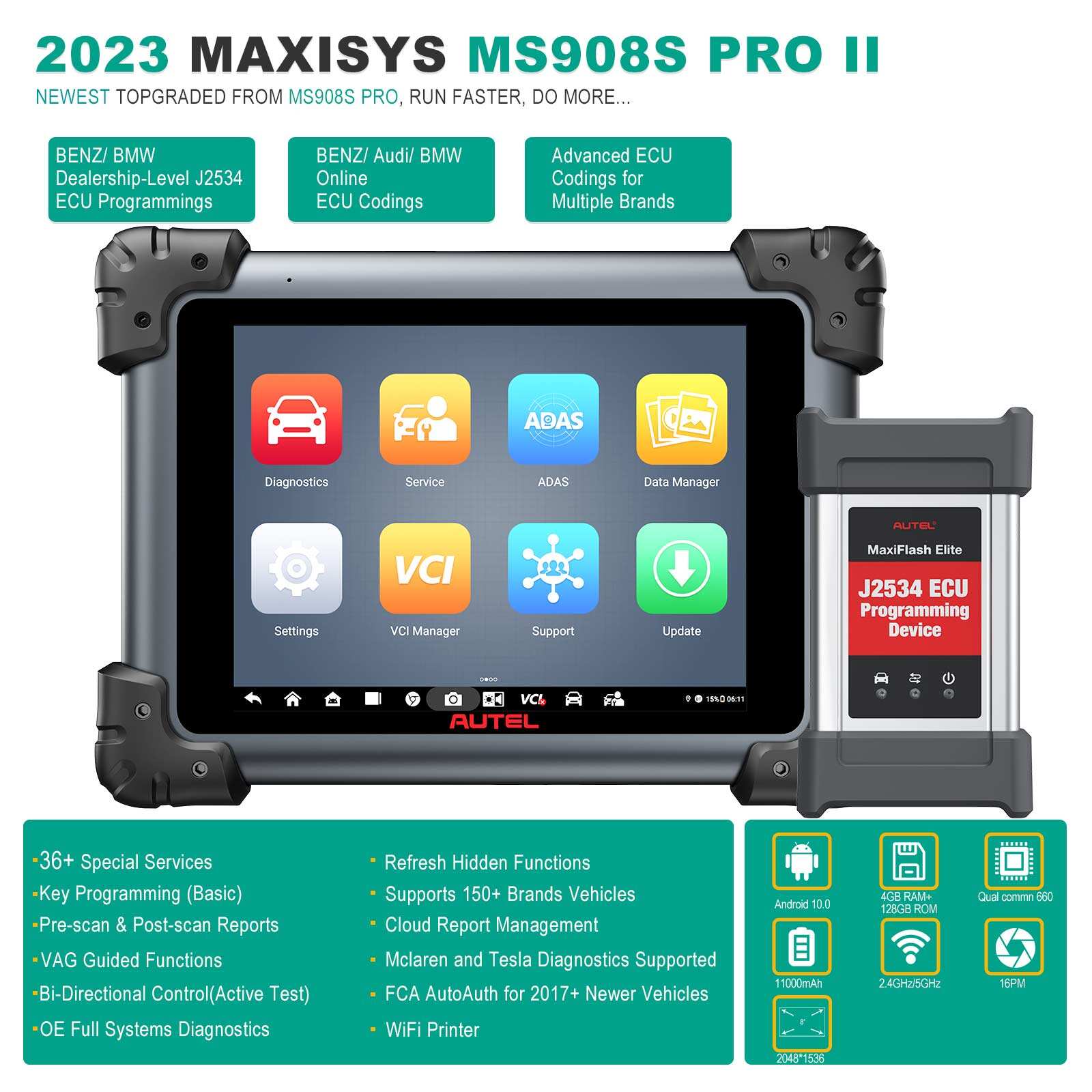 Herramienta de diagnóstico automotriz Autel MaxiSys MS908S Pro II con programación de unidades de control electrónico (ECU) J2534 (antes y después del escaneo)