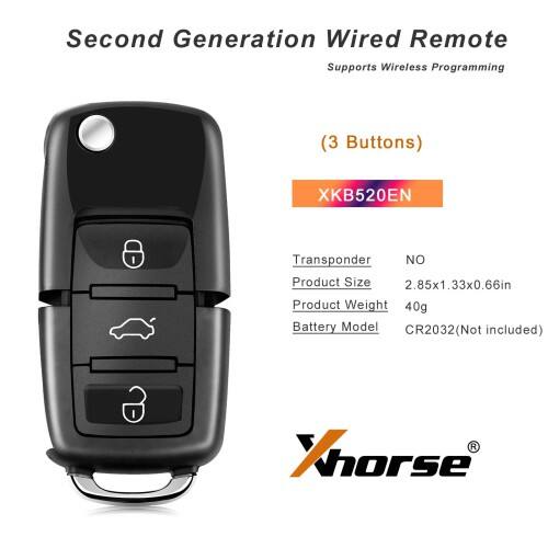 Llave plegable con control remoto con cable Xhorse de segunda generación para Volkswagen B5, estilo de 3 botones XKB520EN