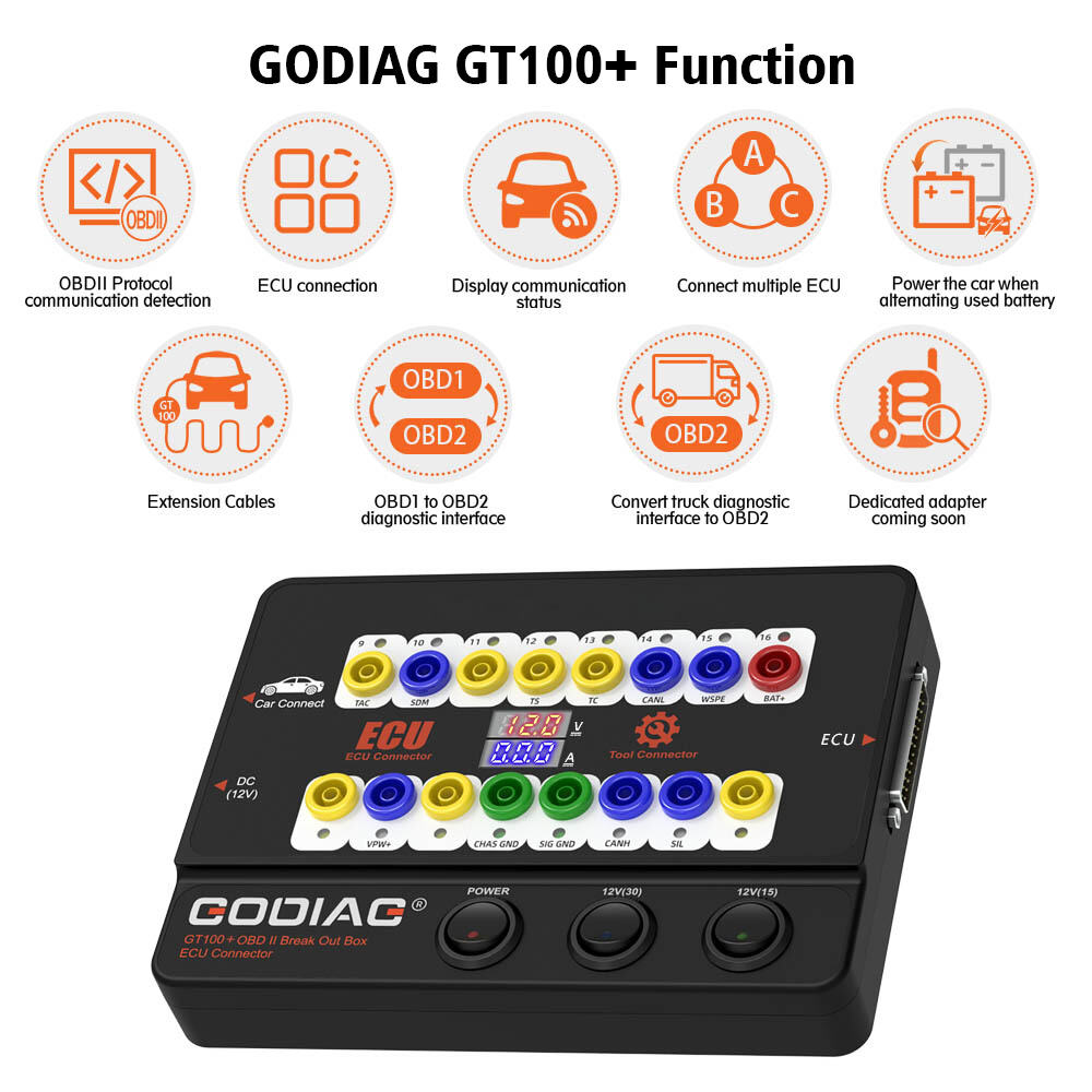 Caja de derivación OBD2 GODIAG GT100+ y conector de banco para UCE con indicador de corriente