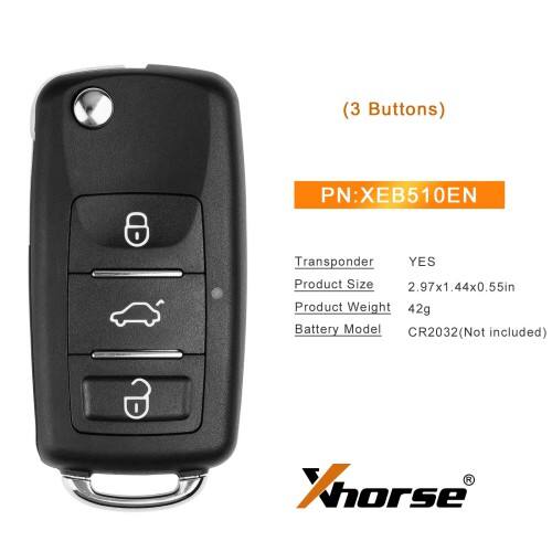 Mando a distancia súper remoto Xhorse (estilo VW B5) con 3 botones y chip XT27B integrado XEB510EN