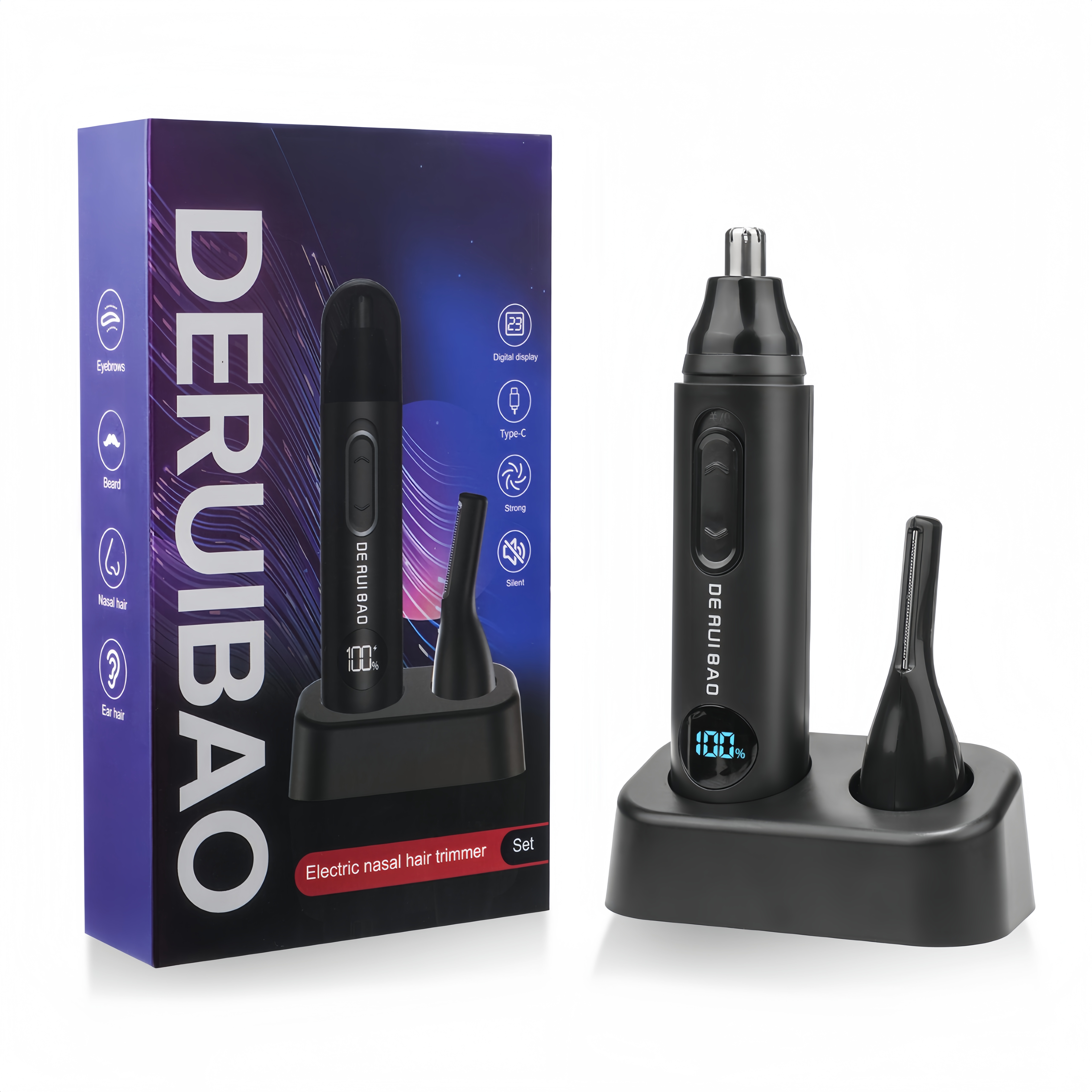 AF-5808-2 2-in-1 Nose & Eyebrow Hair Trimmer with Battery Display – USB Rechargeable 8000RPM Dual Blade Grooming Kit with Stand