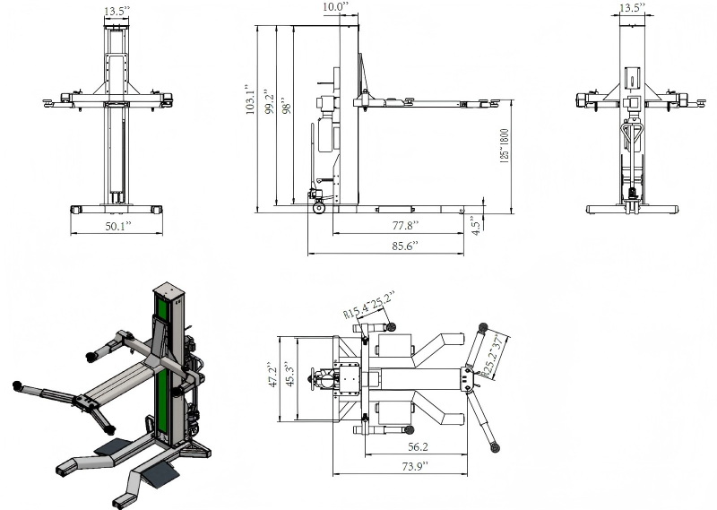 Movable single post lift TP3.0-SPE  inch dimension.png