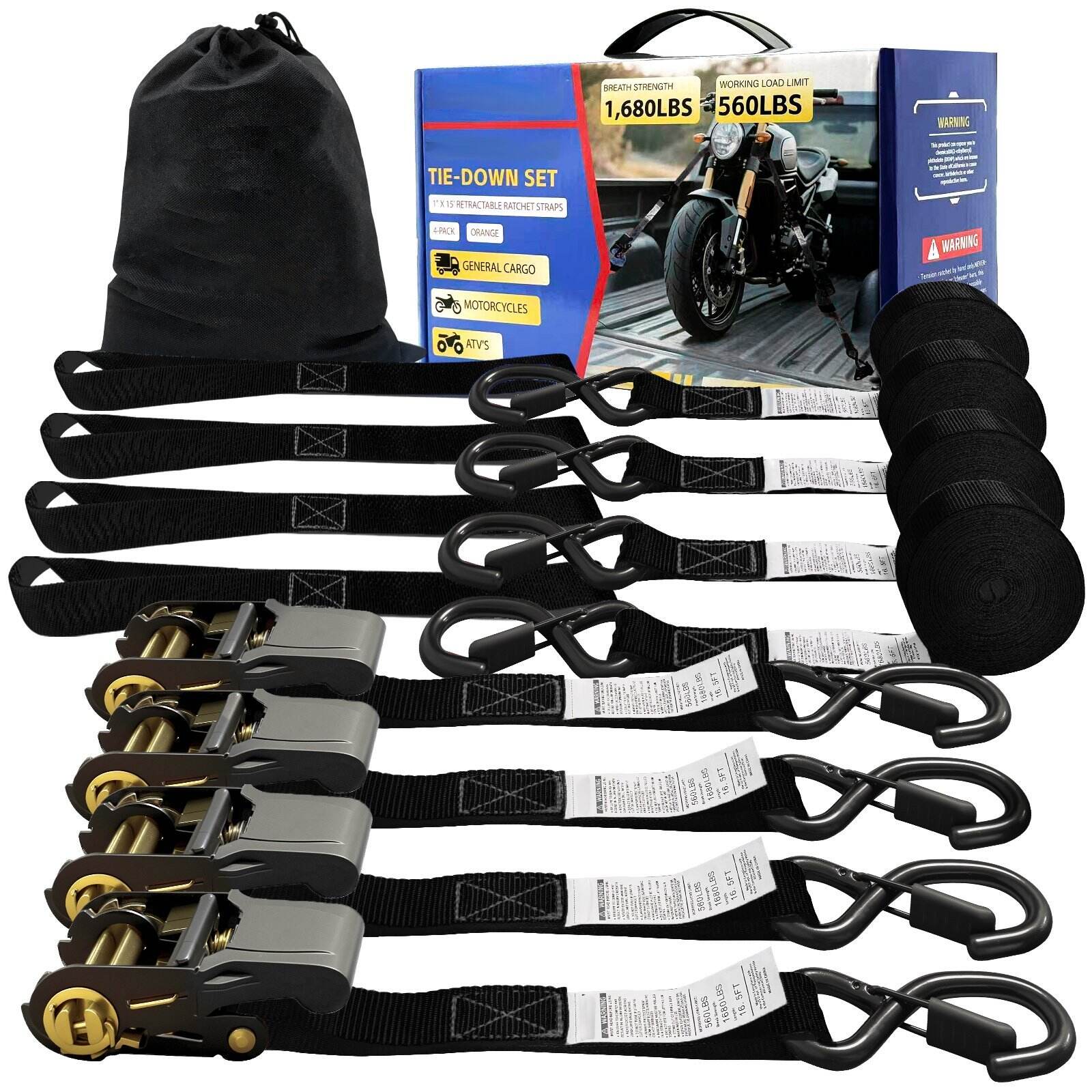 4-pack zwarte ratchet spanbandenset