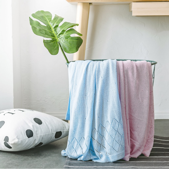 Brugerdefineret lav MOQ Forår Sommer Muslin Swaddle 100% økologisk bambus Baby Voksen Strikket Pink Blue Throw Muslin Swaddle tæpper