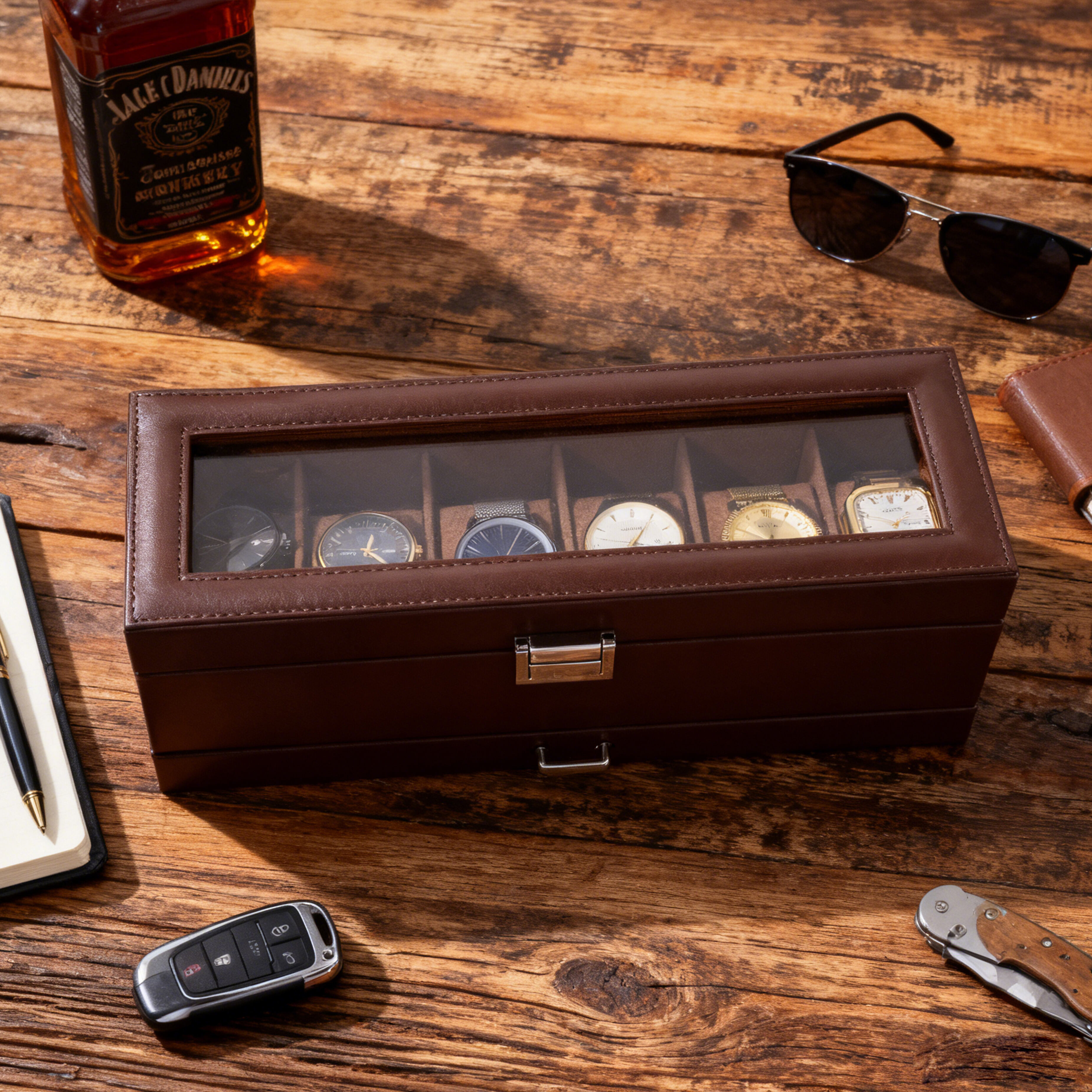 To-etagers læder-værdiskuffe (brun)