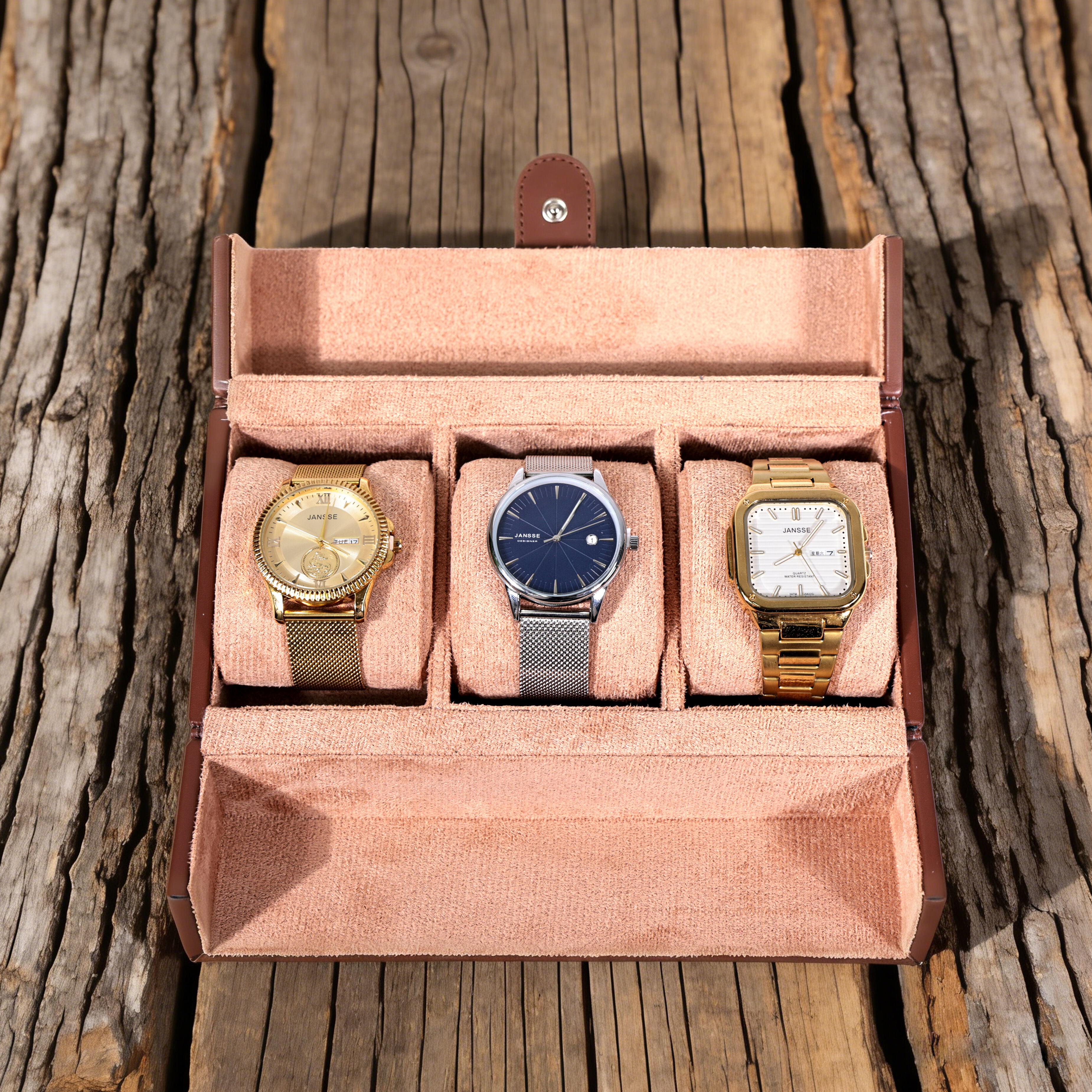 Blue Leather Three-Watch Box with Double Doors | watch box