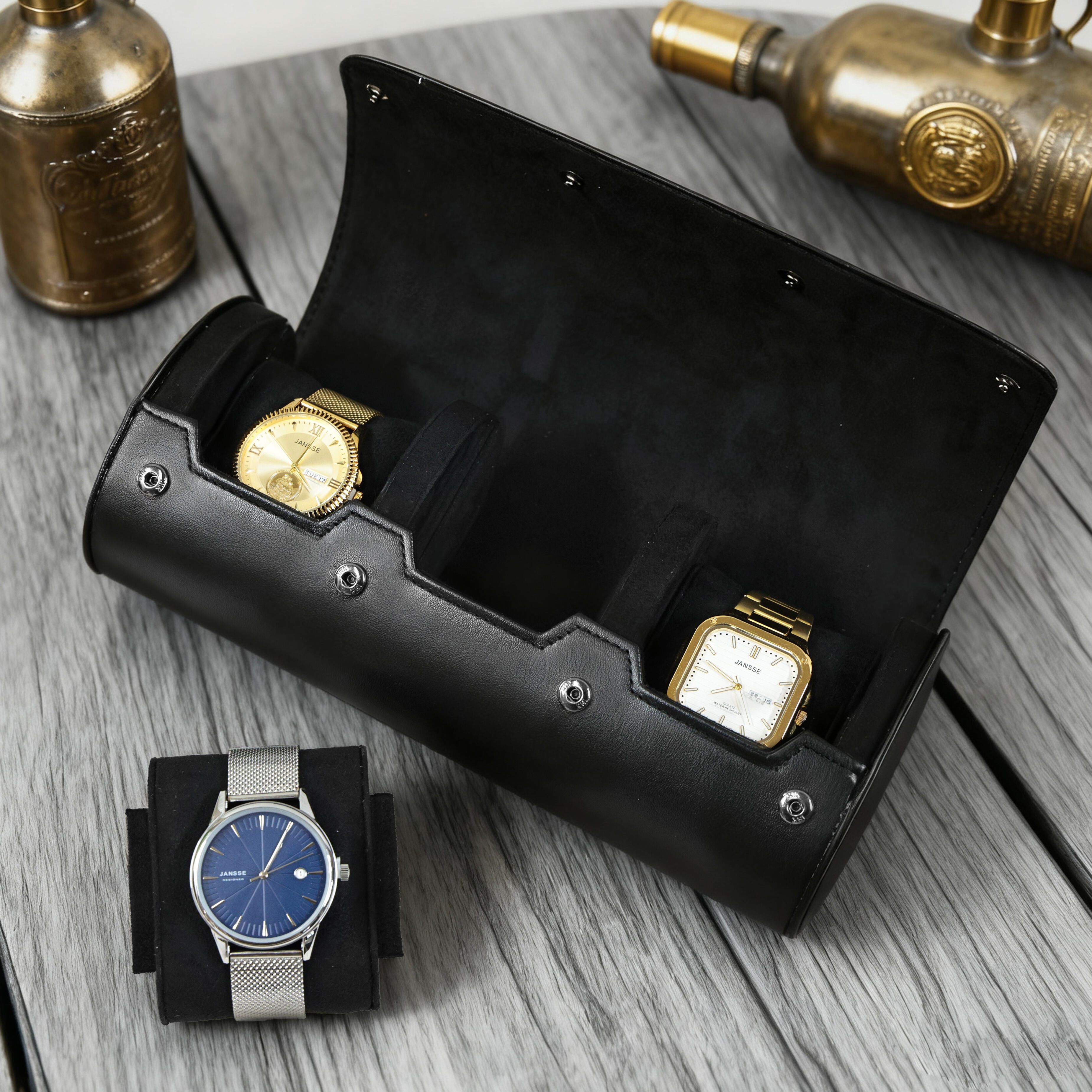 Black Triple Watch Leather Roll