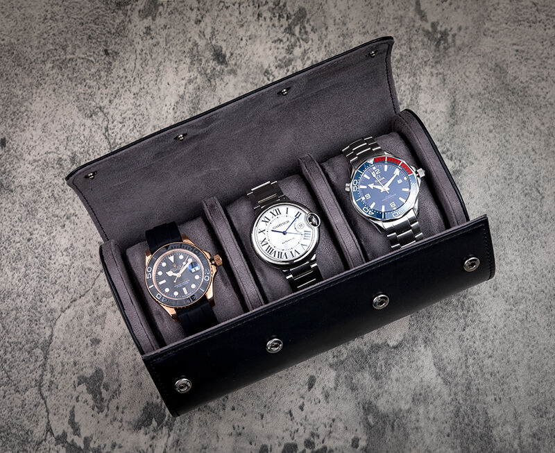 Luxe Black Watch Roll Travel Case