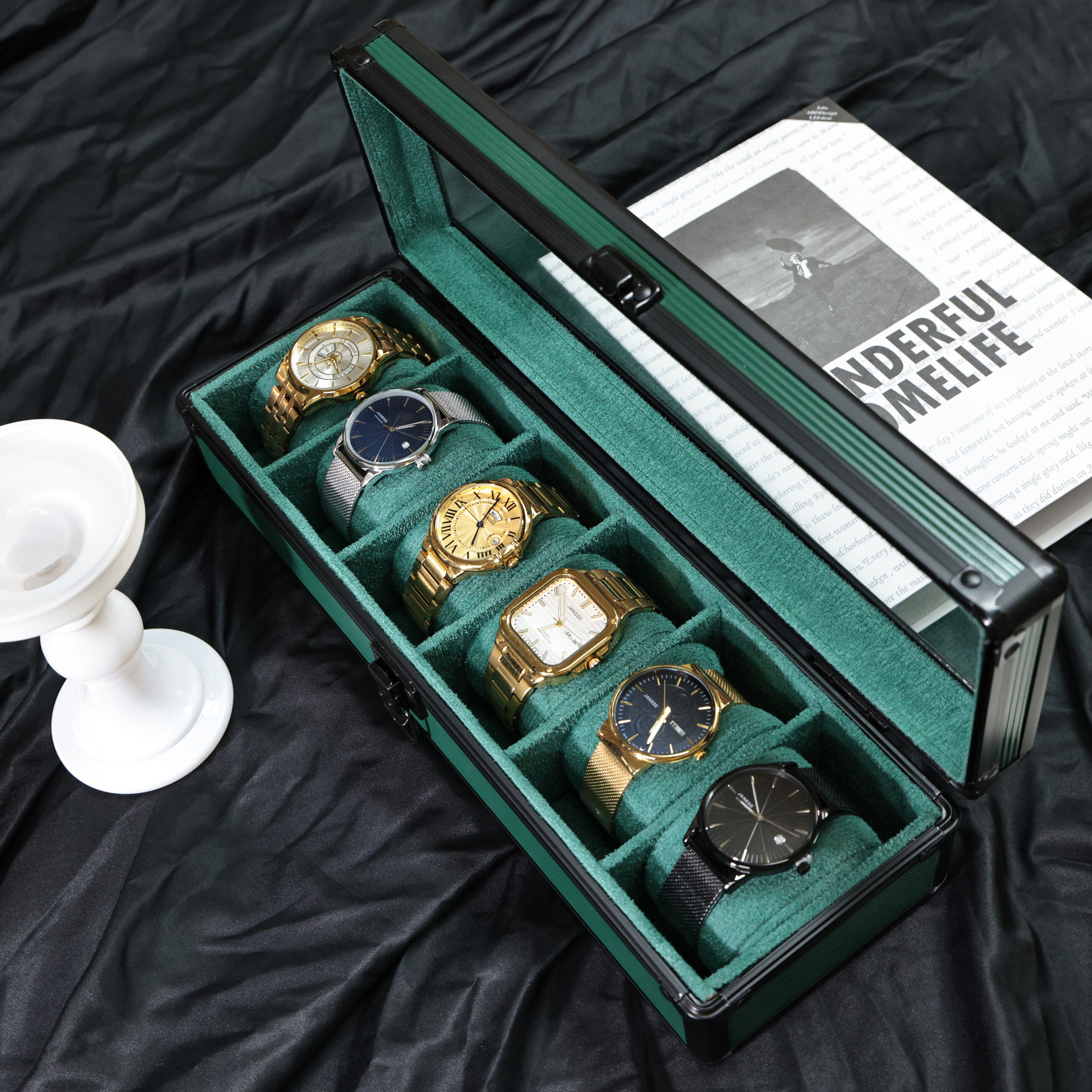 Six-Slot Green Watch Organizer for Men