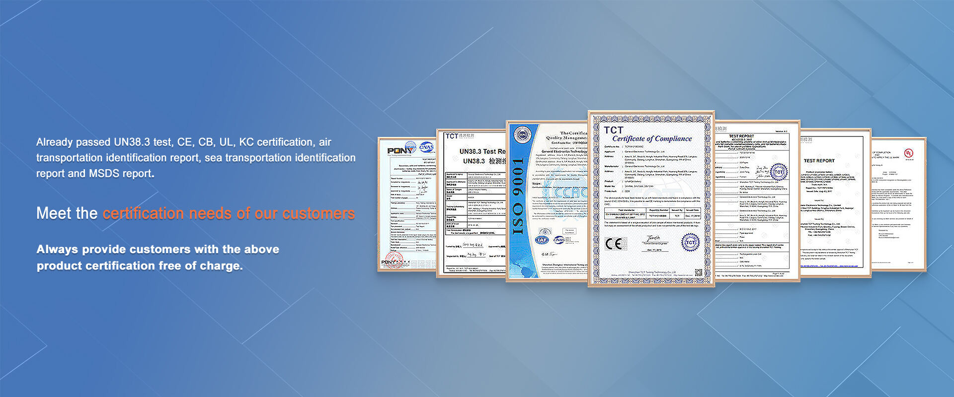 Certifications including CE, RoHS, MSDS, and ISO9001 for GeB Power e-bike batteries