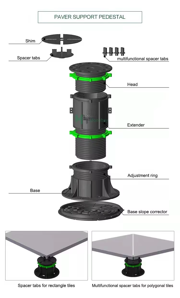 Plastic adjustable T series pedestal deck floor support system-mula sa da 11 hanggang 185 mm na pabrika