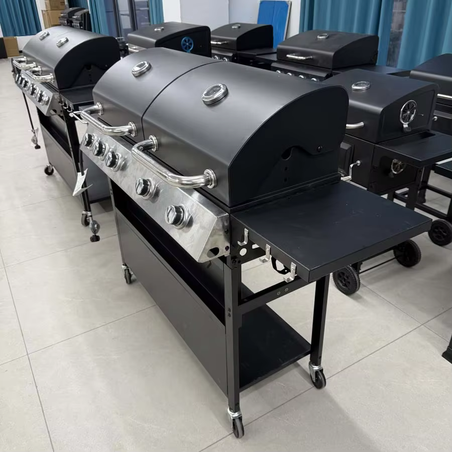 Large Black 5 Burners Gas Outdoor Grill Stove Heavy Duty Trolley Barbecue Smoker Smokeless Bbq Grills