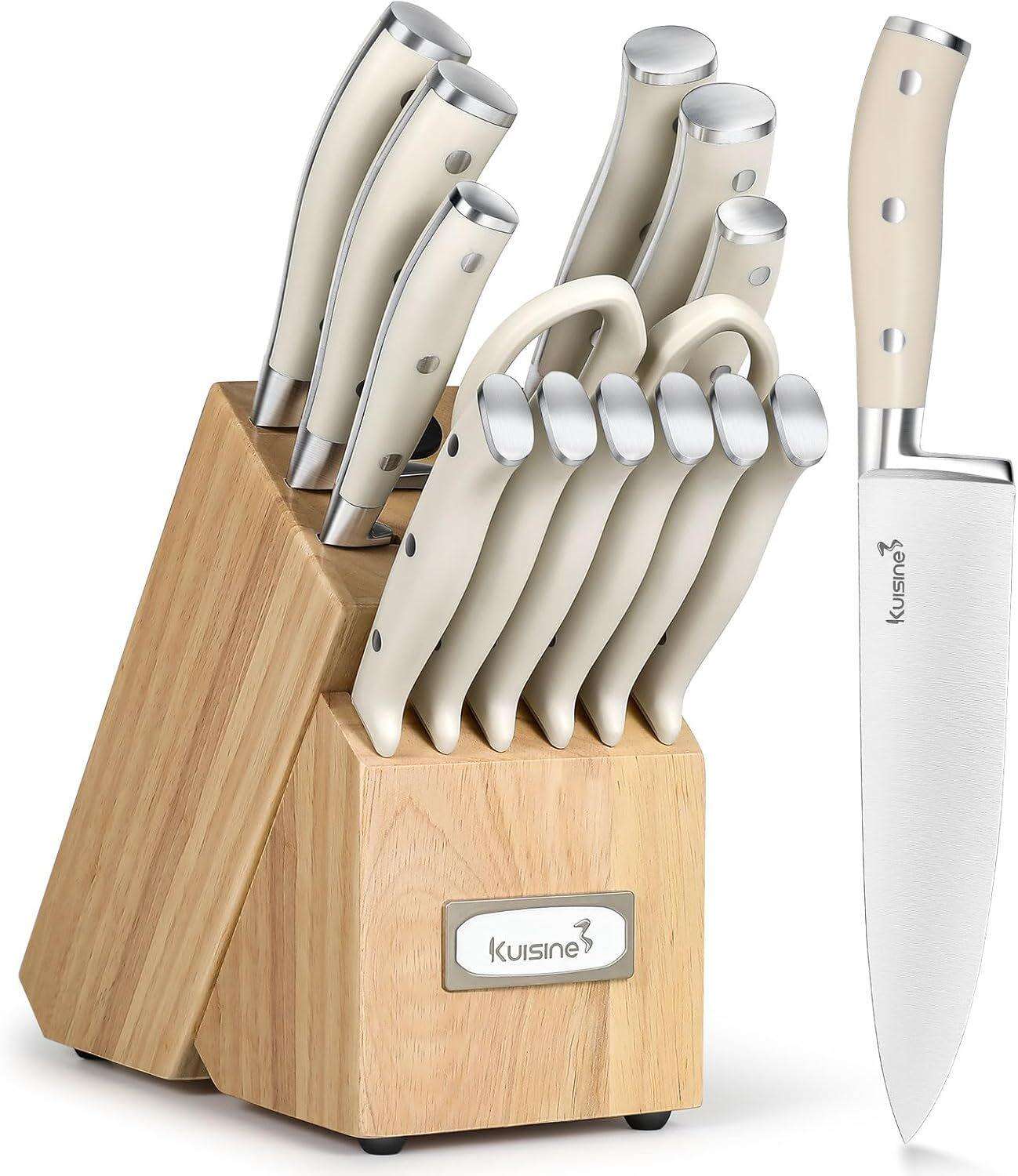 15-Piece Ivory ABS Handle Kitchen Knife Block Set With Built-In Sharpener