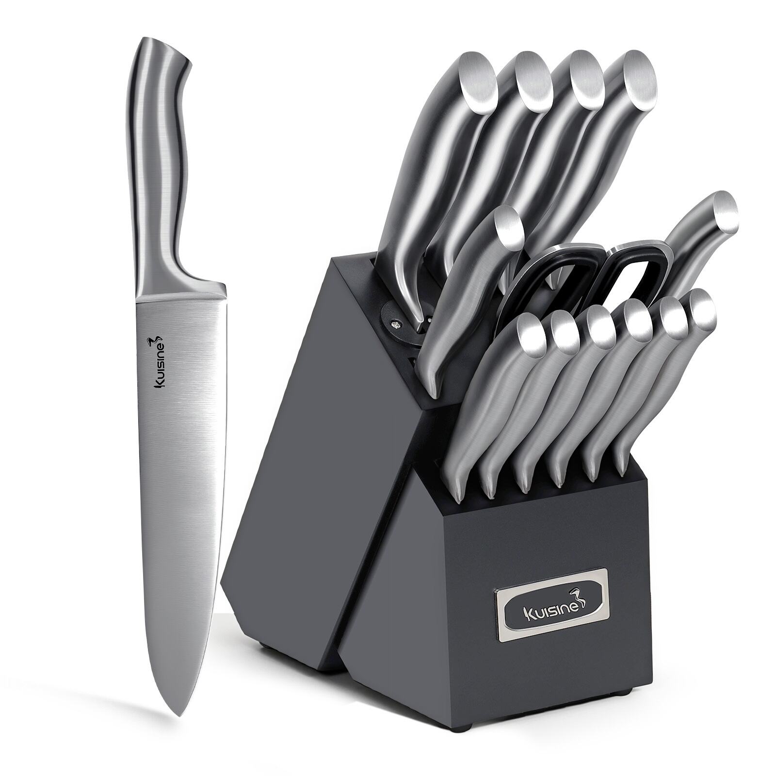 15-Piece Stainless Steel Handle Black Knife Block Set With Built-In Sharpener