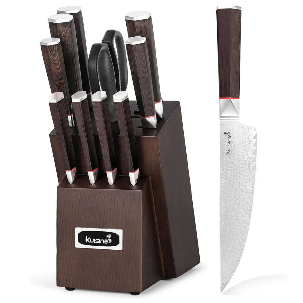 12-Piece Authentic Damascus Steel Knife Set with Ergonomic Wood Handle