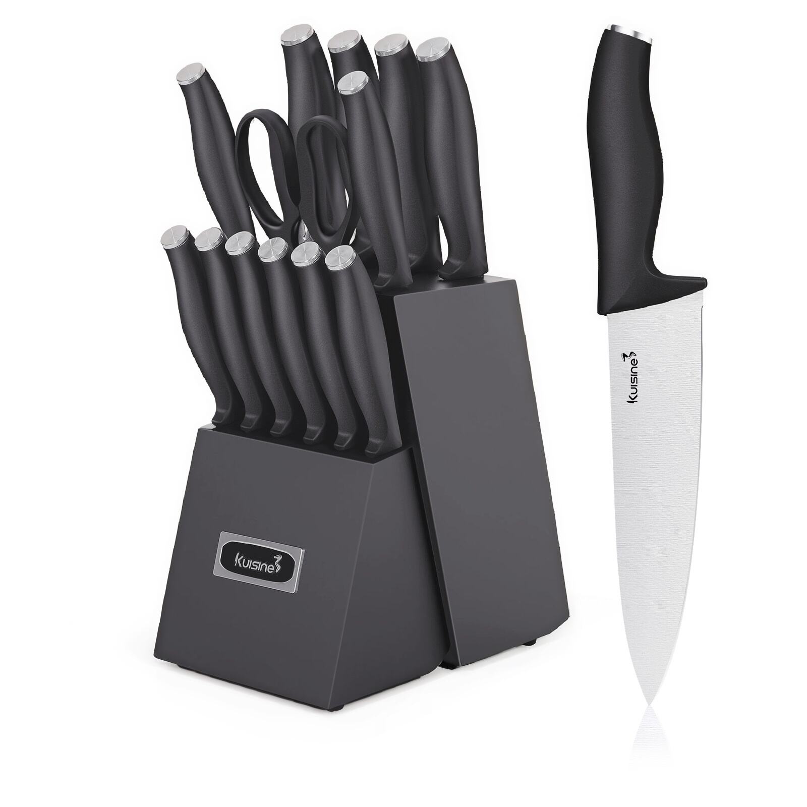 15-Piece Black PP Handle Kitchen Knife Block Set with Built-in Sharpener
