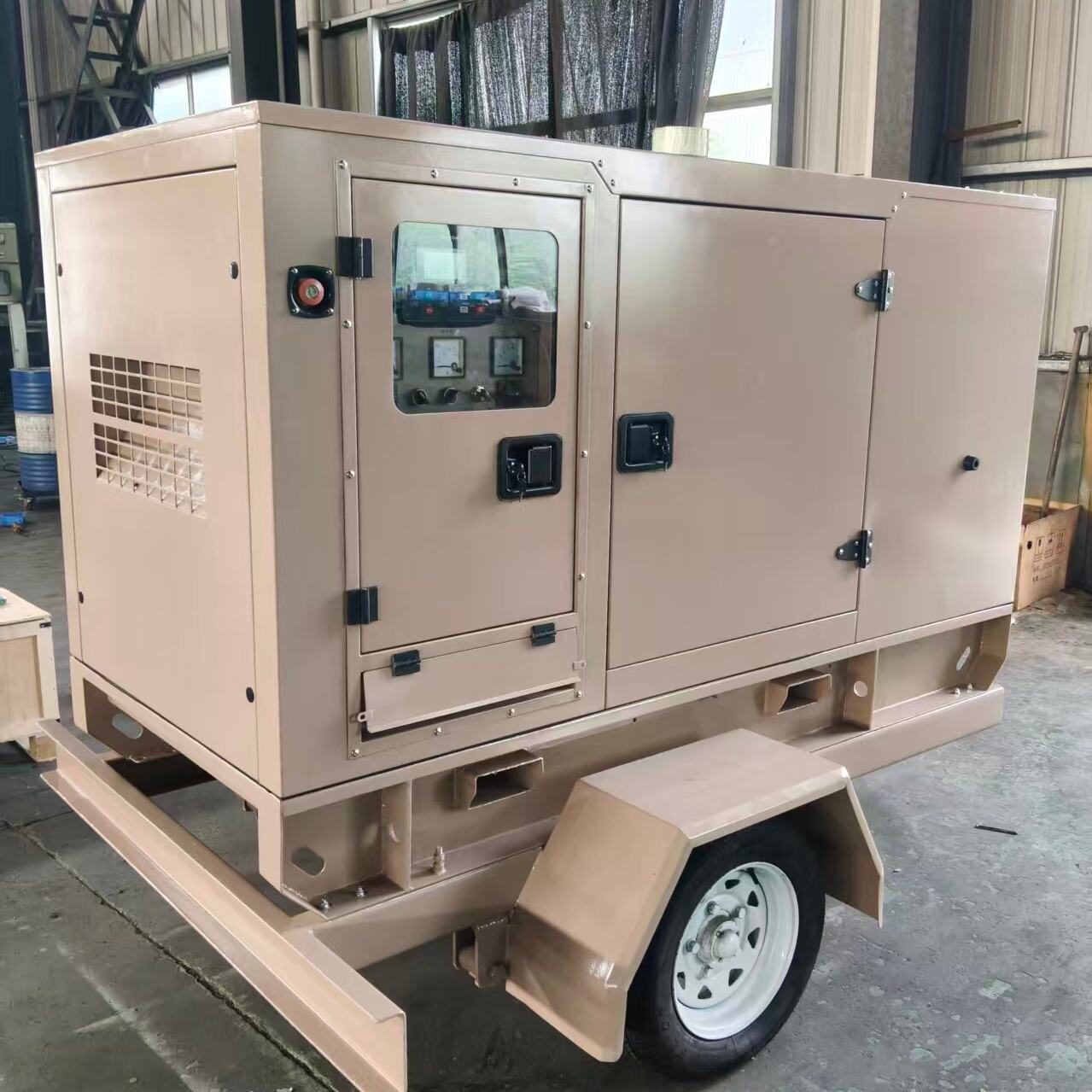 Trailer generator set with heavy-duty design adapts to rough road conditions.