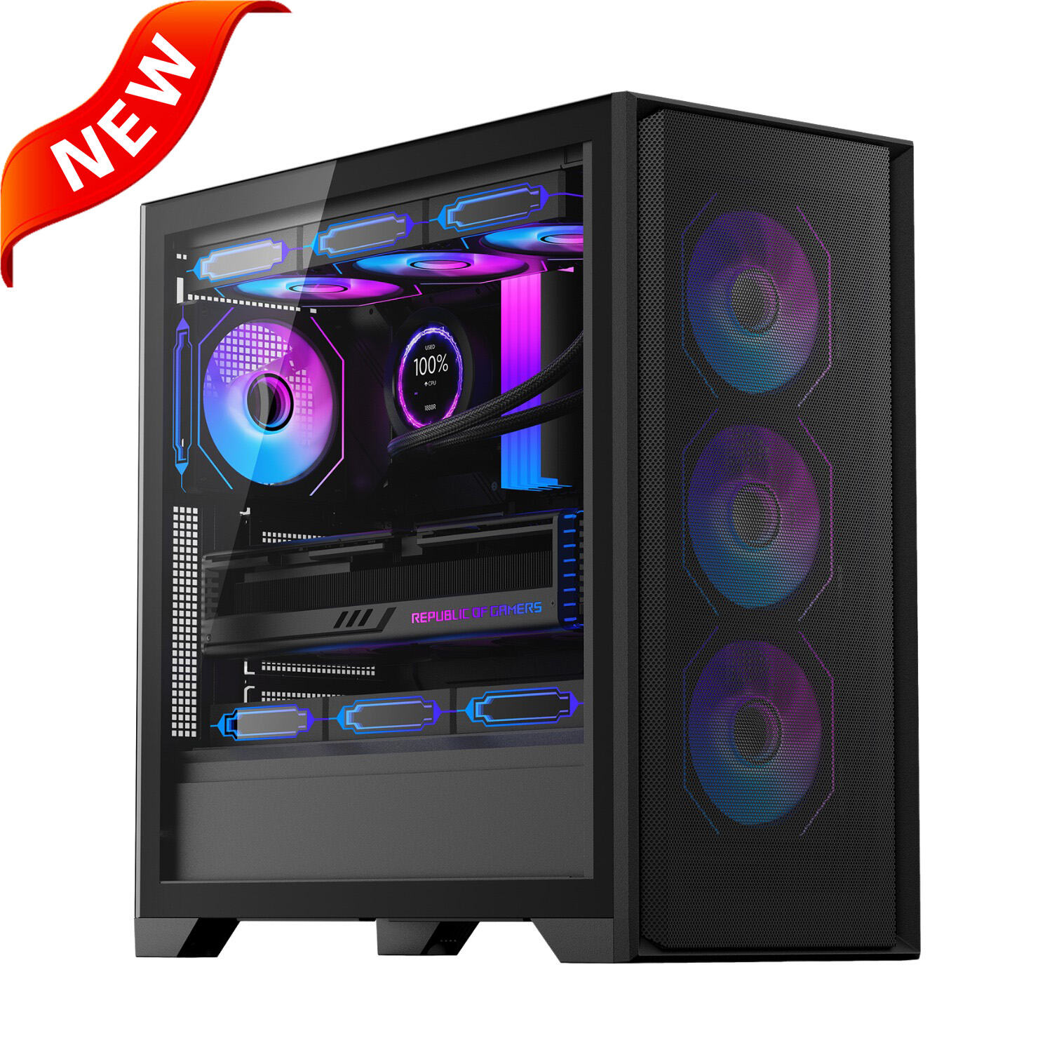 2222 Casing PC Gaming ATX Ekonomis dengan Panel Depan Berjaring