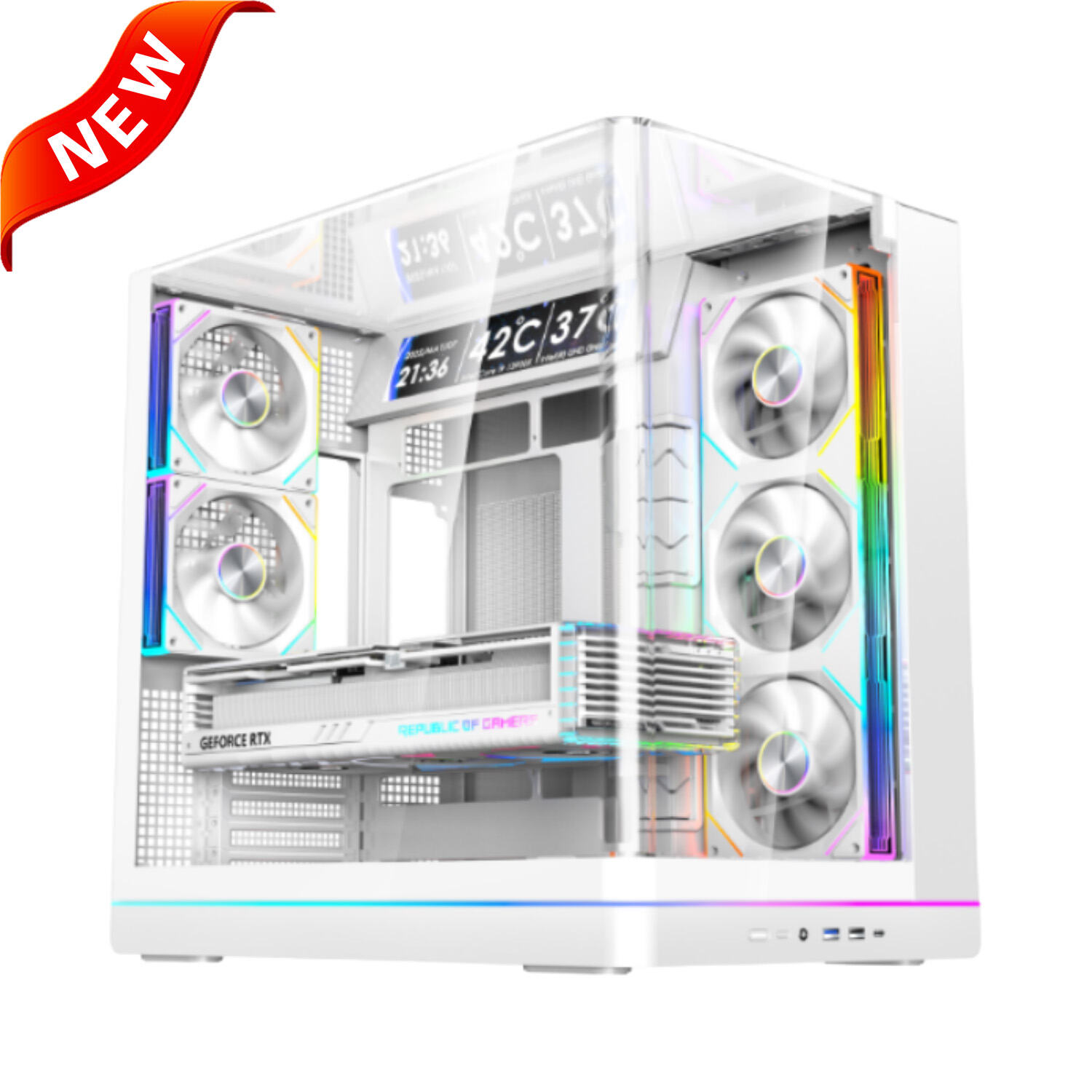447AR Casing PC Gaming ATX Panoramik Melengkung dengan Sudut Kaca Melengkung