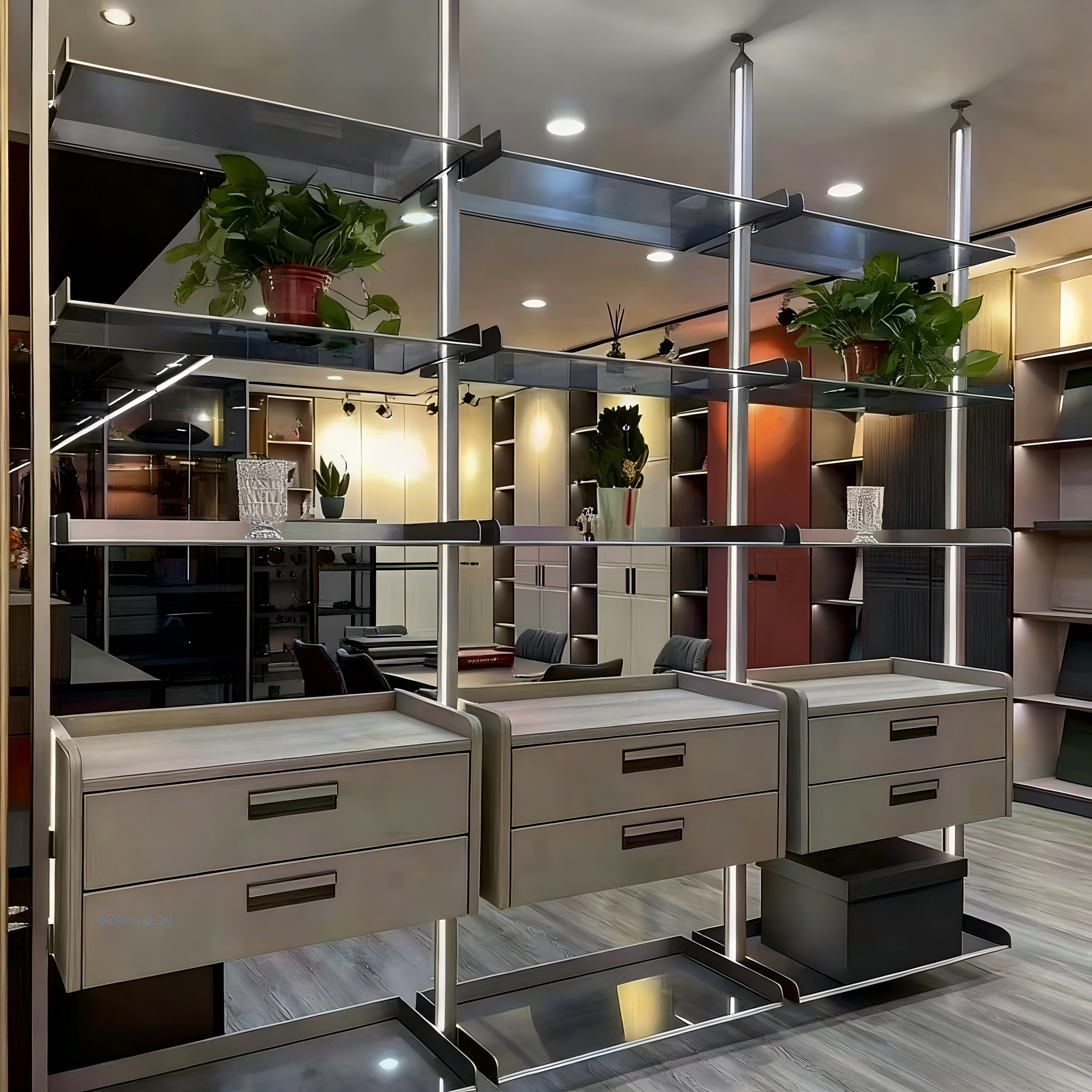 واحد قفسه‌بندی از کف تا سقف – سیستم ذخیره‌سازی با چارچوب فلزی سفارشی برای ادارات، ویلاها و هتل‌ها