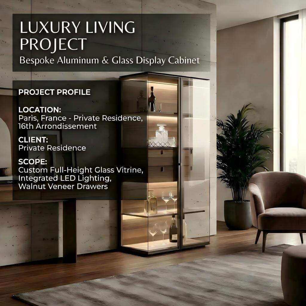 High-End Minimalist Aluminum & Walnut Glass Cabinet with Integrated LED